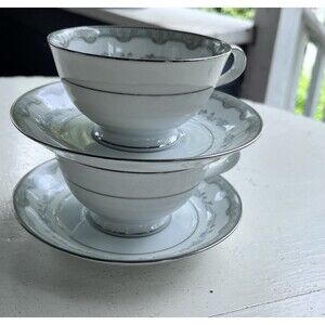 Set of 2 Vintage Noritake 6243 Margaret Tea Cup & Saucer Japan Silver Trim